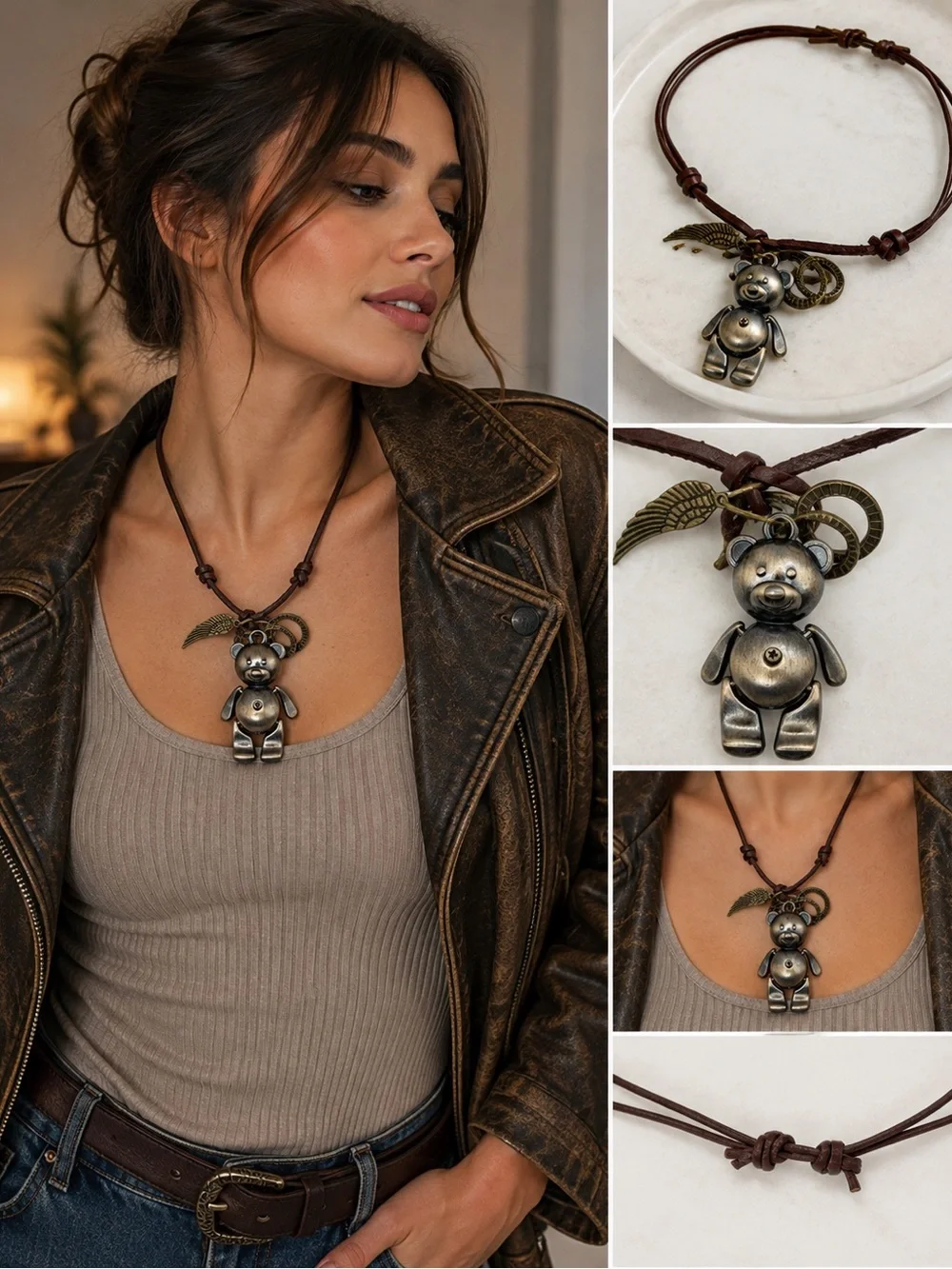 Vintage Style Teddy Bear Pendant Necklace Leather Cord Articulated Boho Charm